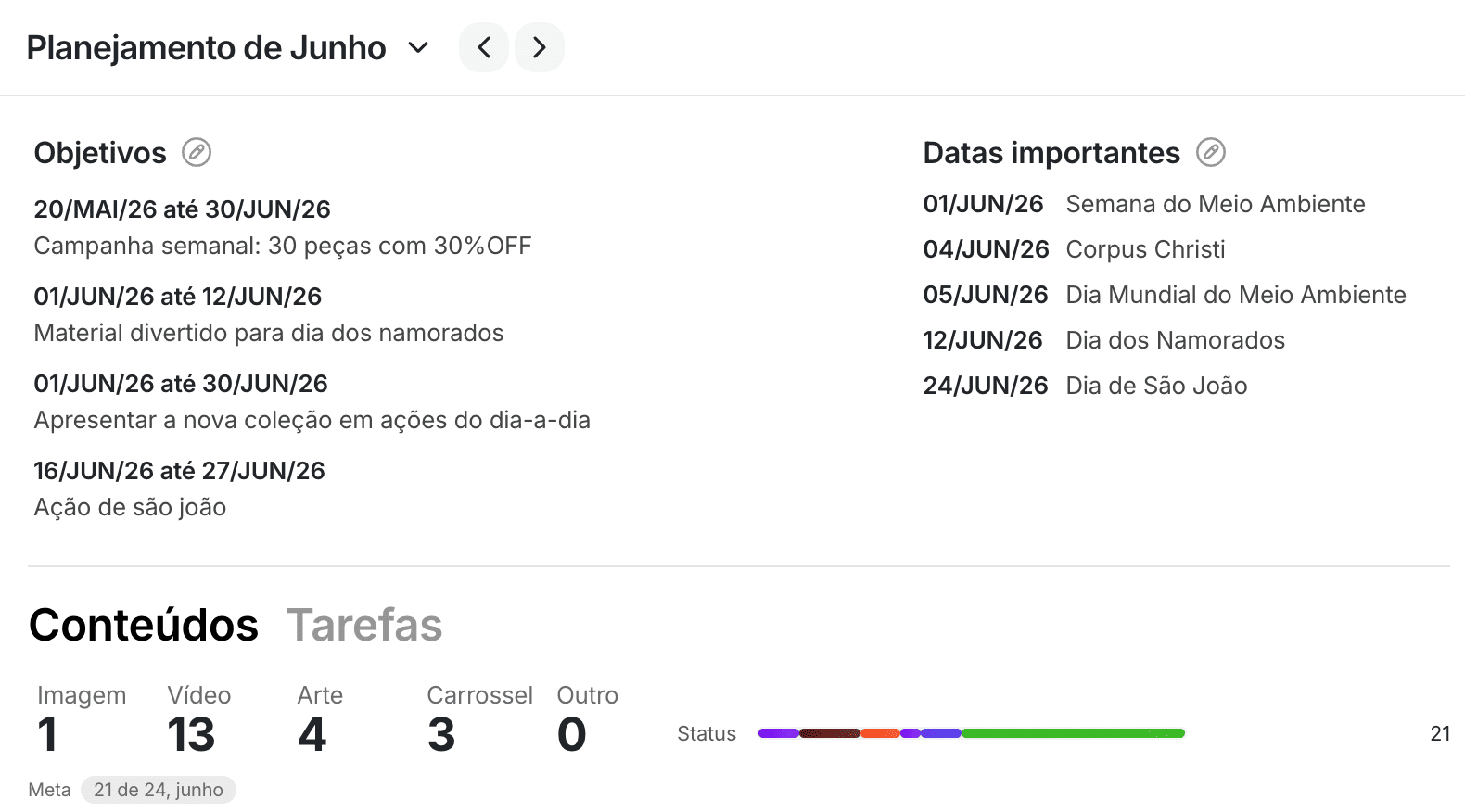Objetivos e datas que guiam o mês
