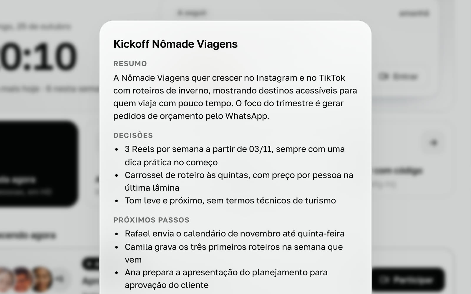 Ata da reunião com resumo, decisões e próximos passos escritos pelo Jasper