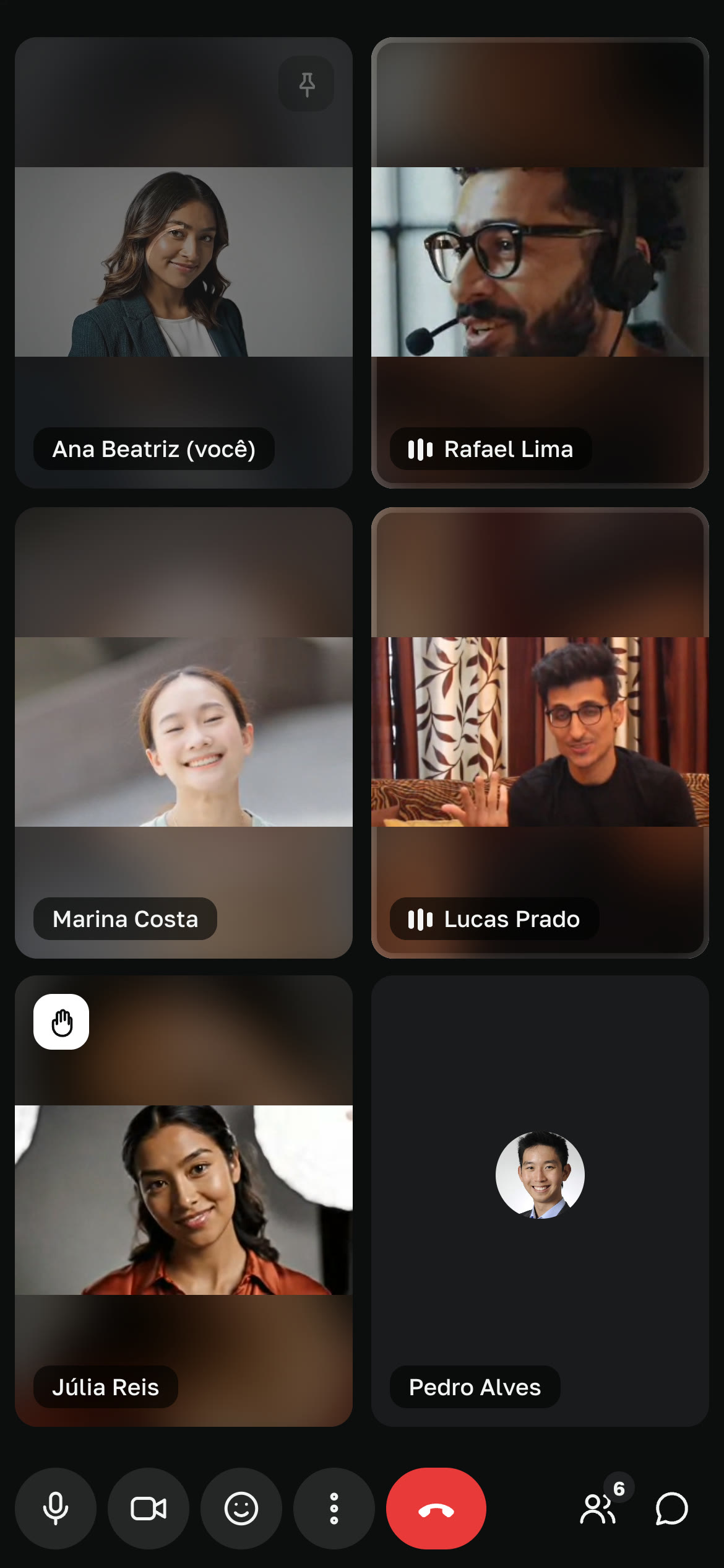 Reunião no celular, com a grade de participantes