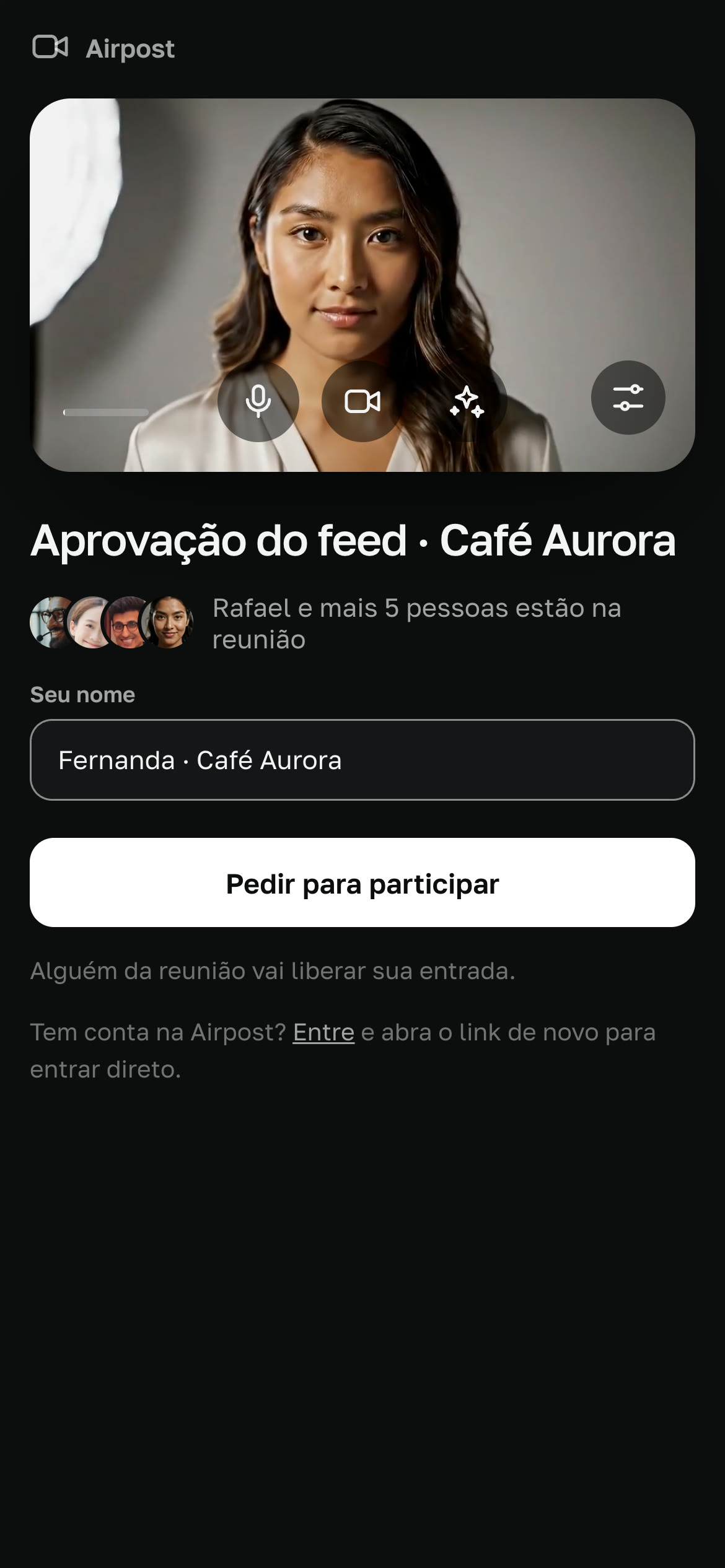 Cliente sem conta entrando na reunião pelo link, no celular