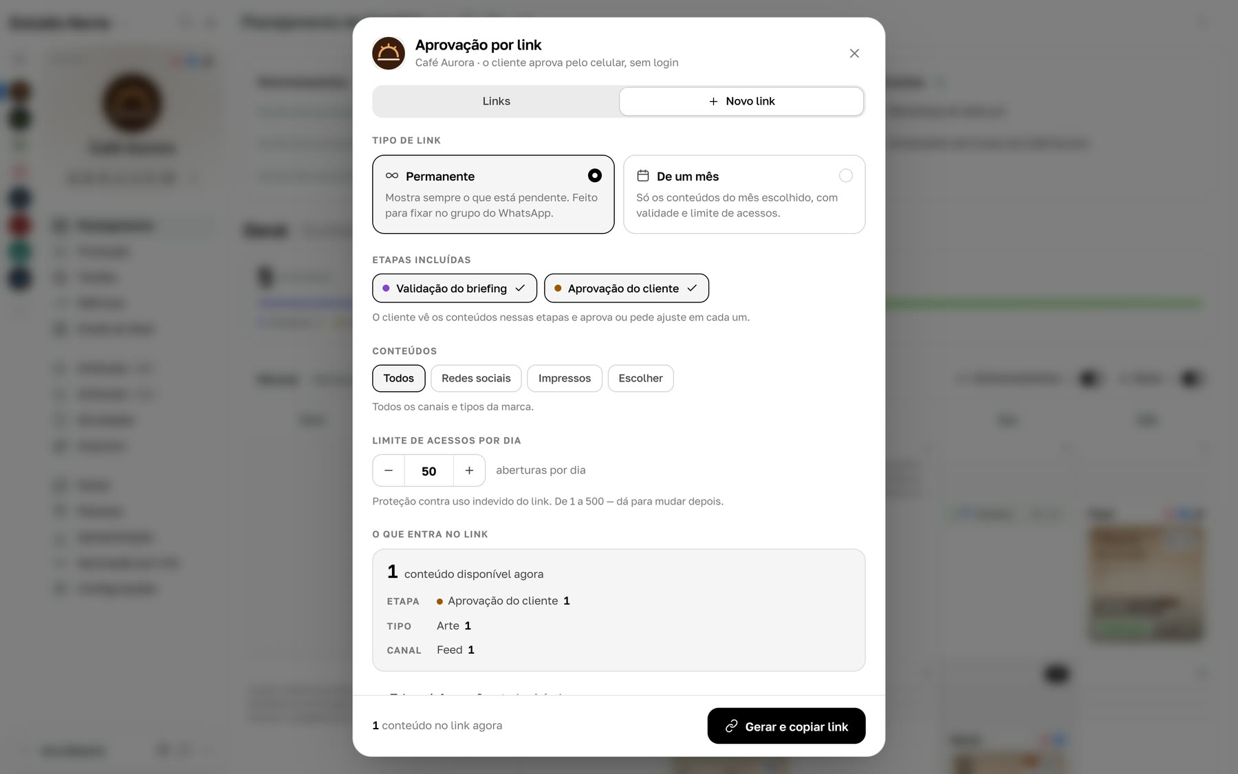 Link de aprovação configurado para o cliente