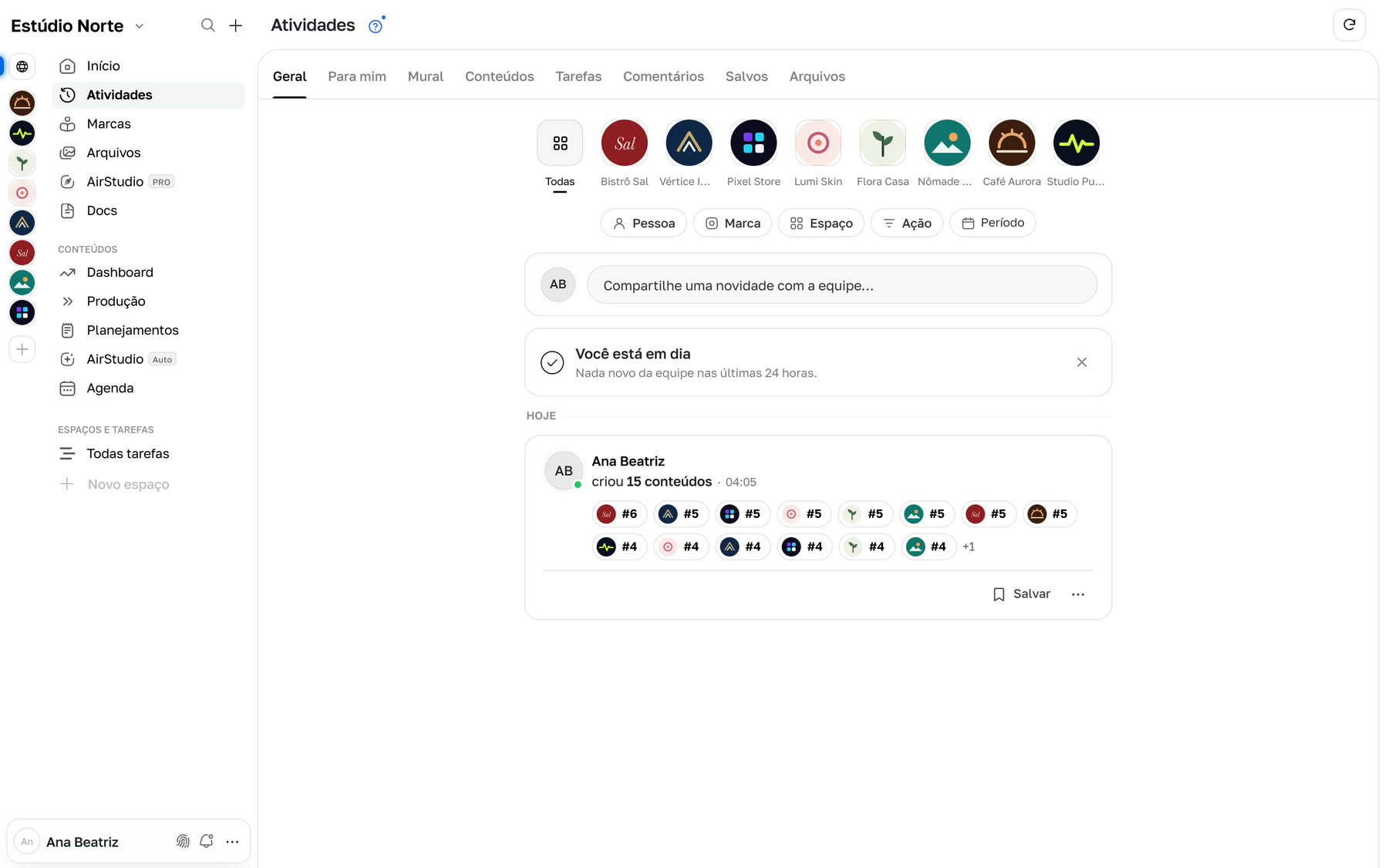 Avisos da equipe agrupados por marca
