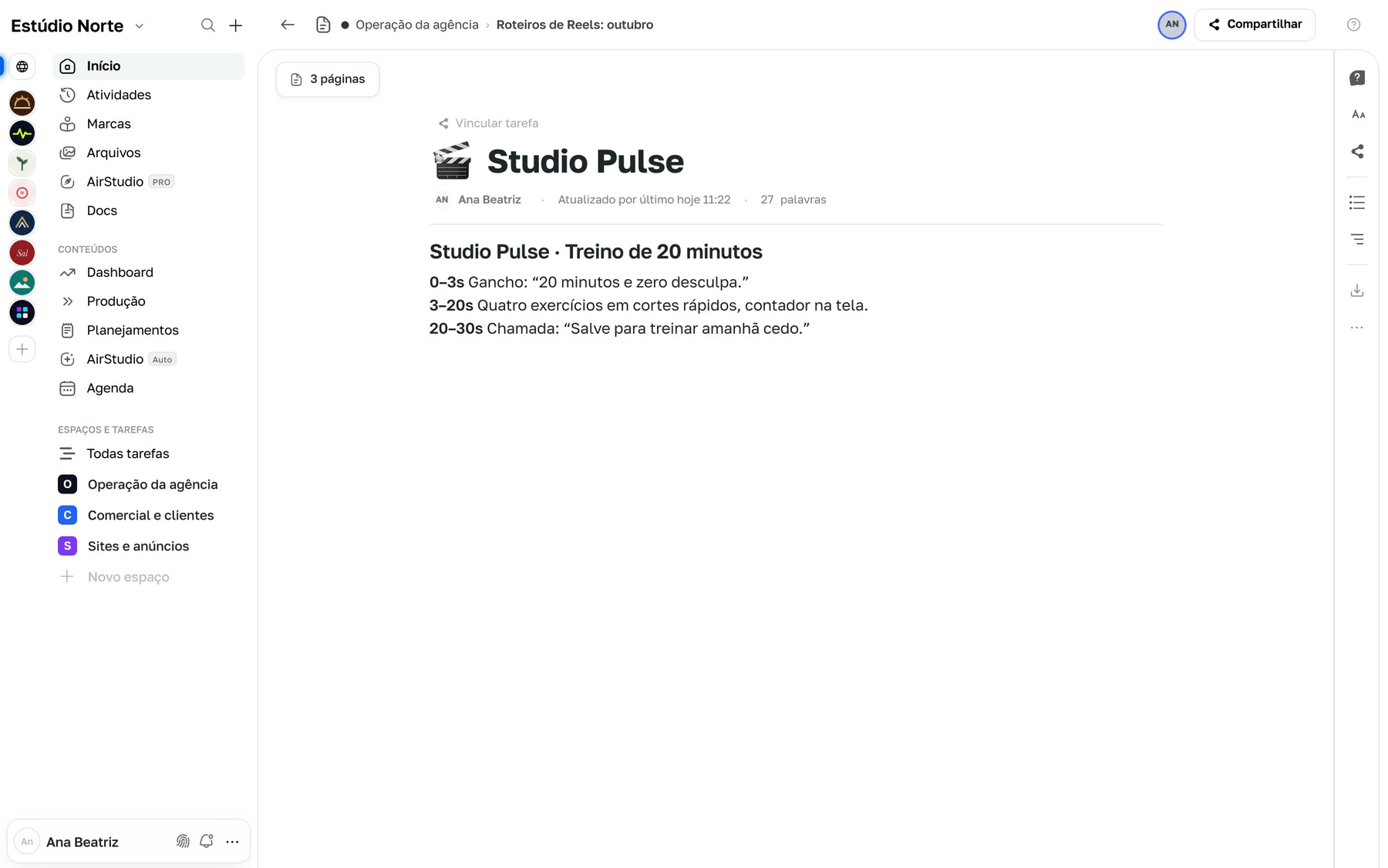 Página de documento com roteiro formatado