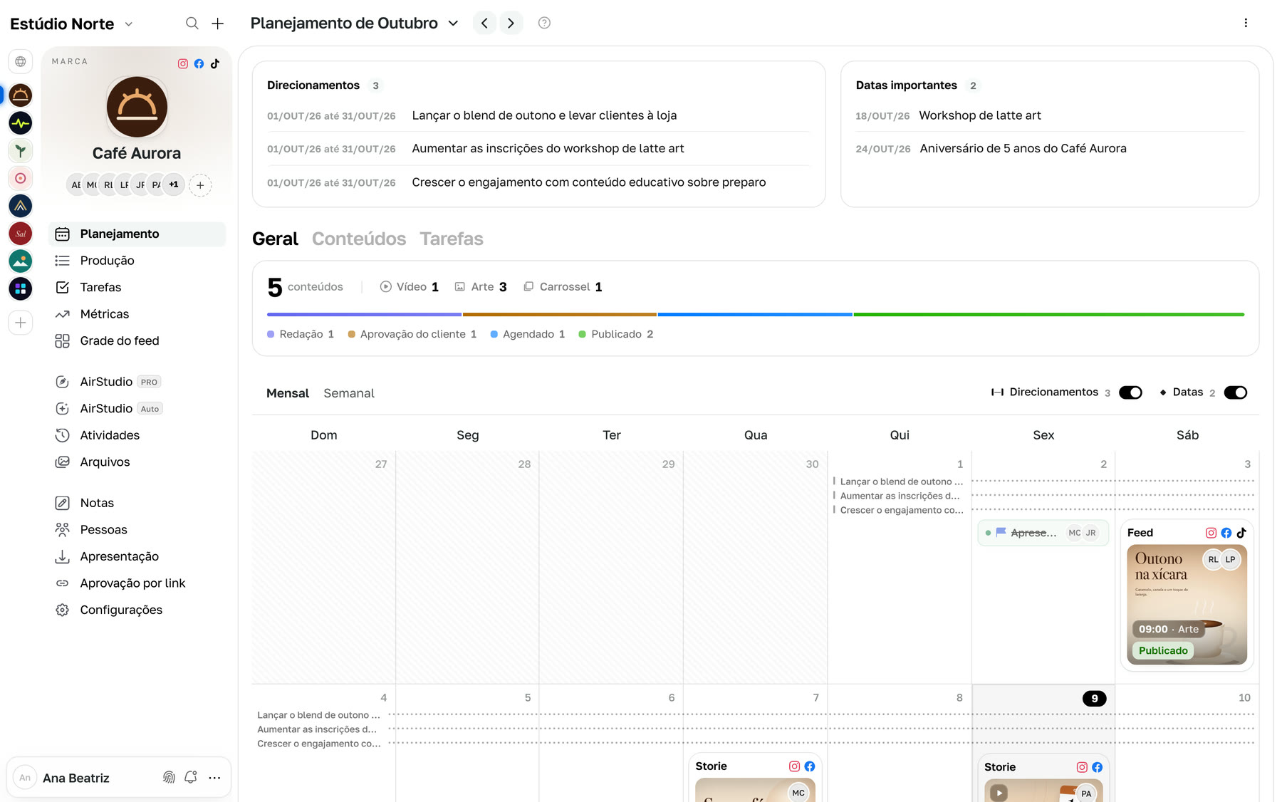 Calendário do planejamento com as artes de cada dia